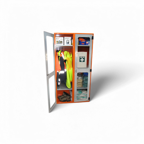 A PPE storage cabinet with double perspex doors and a hanging rail, 