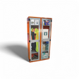 A PPE storage cabinet with double perspex doors and a hanging rail, featuring various personal protective equipment such as gloves and goggles.