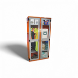 A PPE storage cabinet with double perspex doors and a hanging rail, featuring various personal protective equipment such as gloves and goggles.