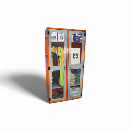 A PPE storage cabinet with double perspex doors and a hanging rail, featuring various personal protective equipment such as gloves and goggles.