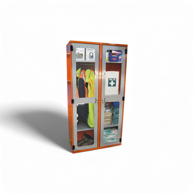 A PPE storage cabinet with double perspex doors and a hanging rail, featuring various personal protective equipment such as gloves and goggles.