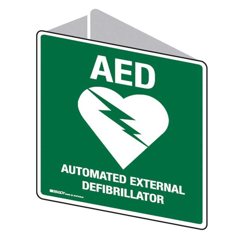 First Aid Sign - White/Green AED with Symbol 3D Wall Sign 225x225mm Poly