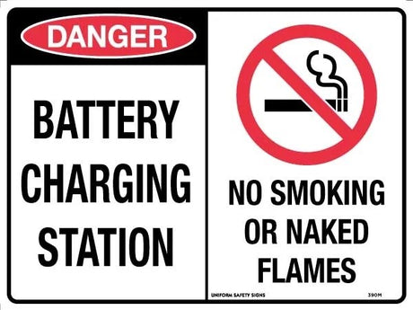 Danger Sign - Danger Battery Charging Station / No Smoking or Naked Flames  Metal