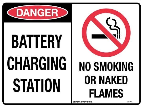 Danger Sign - Danger Battery Charging Station / No Smoking or Naked Flames  Metal