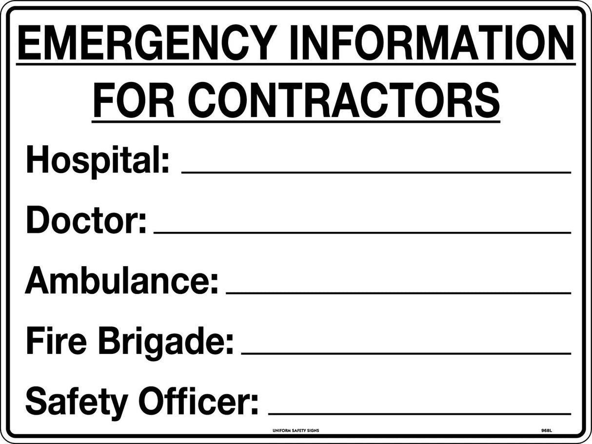 General Sign -Emergency Information For Contractors  Poly