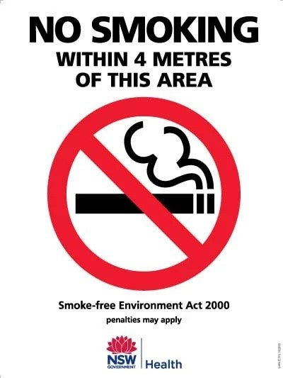 Prohibition Sign - No Smoking Within 4 Metres of This Area NSW Standard  Metal