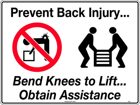 Prohibition Sign - Prevent Back Injury, Bend Knees to Lift  Poly