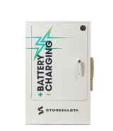 A white outlet battery charging cabinet with a label displaying 'BATTERY CHARGING' and the brand 'STOREMASTA'.