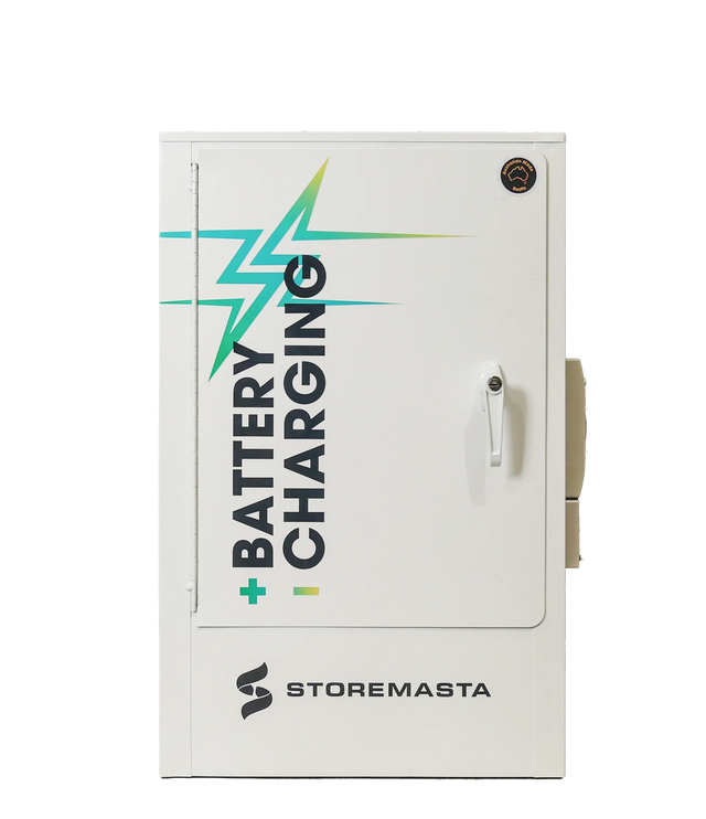 A white outlet battery charging cabinet with a label displaying 'BATTERY CHARGING' and the brand 'STOREMASTA'.