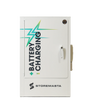 A white outlet battery charging cabinet with a label displaying 'BATTERY CHARGING' and the brand 'STOREMASTA'.