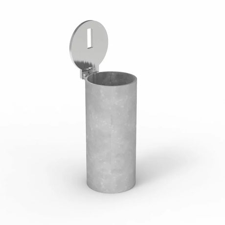 Metallic cylindrical container with a lid on a white background