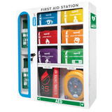 AEROKIT First Aid Station with 6 Modules, displayed as a comprehensive first aid kit with various interchangeable modules for emergency situations. Visible are modules for eye wash, defibrillator, and bleed control, among others.
