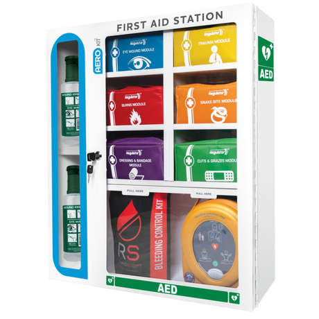 AEROKIT First Aid Station with 6 Modules, displayed as a comprehensive first aid kit with various interchangeable modules for emergency situations. Visible are modules for eye wash, defibrillator, and bleed control, among others.