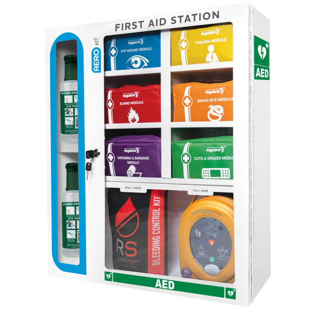AEROKIT First Aid Station with 6 Modules, displayed as a comprehensive first aid kit with various interchangeable modules for emergency situations. Visible are modules for eye wash, defibrillator, and bleed control, among others.