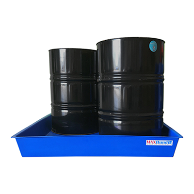 A blue industrial drum tray with a label, containing multiple black drums stacked inside it.