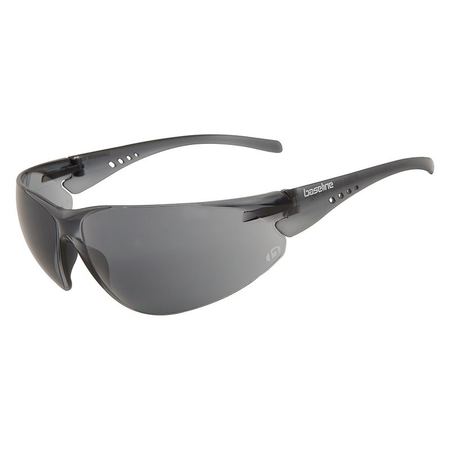 A pair of protective eyewear with a polycarbonate frame and smoke-colored lenses.