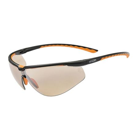 A pair of sports-inspired protective eyewear with a black and orange frame and light brown mirror as lens.