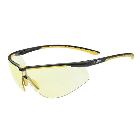 A pair of sports-inspired protective eyewear with a black and yellow frame and amber lenses.