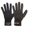 A pair of black safety gloves with orange detailing, featuring a Velcro cuff closure and designed for cut protection and grip.