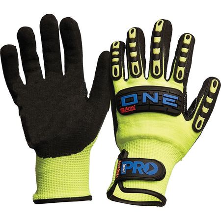 A pair of yellow and black cut-resistant work safety gloves with nitrile foam and rubber back.