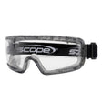 A pair of protective eyewear with a clear lens and a grey frame, featuring an adjustable elastic strap and vented design.