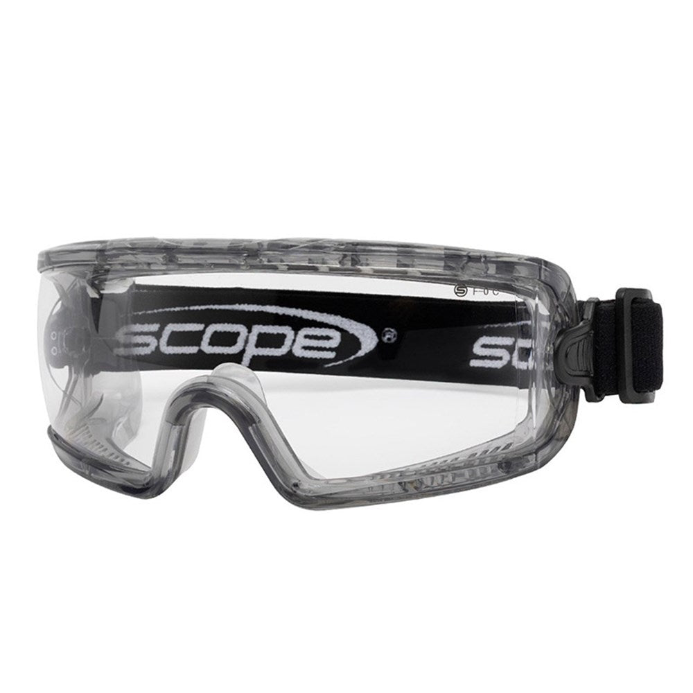 A pair of protective eyewear with a clear lens and a grey frame, featuring an adjustable elastic strap and vented design.