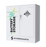 A white battery storage cabinet with the label 'BATTERY STORAGE' and the brand 'STOREMASTA' on the front.