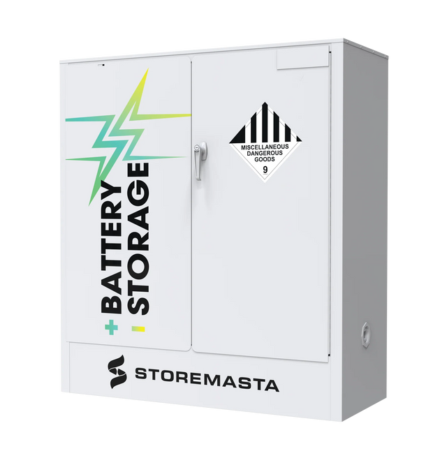 A white battery storage cabinet with the label 'BATTERY STORAGE' and the brand 'STOREMASTA' on the front.