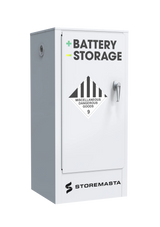 A white Storemasta battery storage cabinet made of sheet steel with a label on the front.