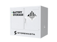 A white battery storage cabinet with the label 'BATTERY STORAGE' on the front and a 'Hazardous Substances' warning sign. The brand 'STOREMASTA' is visible at the bottom.