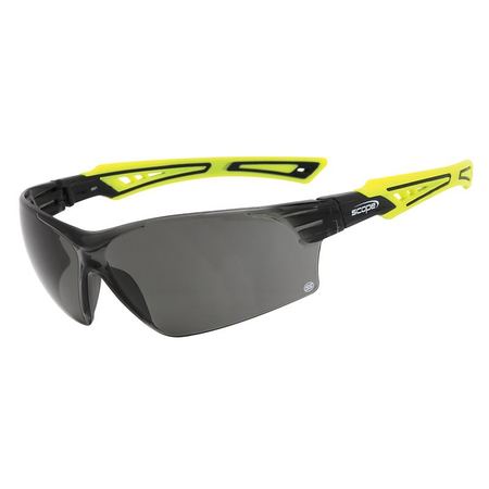 A pair of BIONIX protective eyewear with green and black temples and smoke gray lens.