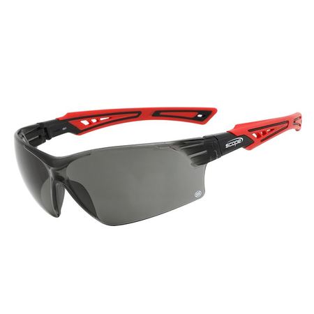 A pair of protective eyewear with red and black temples and gray smoke lens.