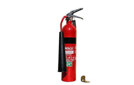 Red fire extinguisher with visible 'REBOX' branding on a white background