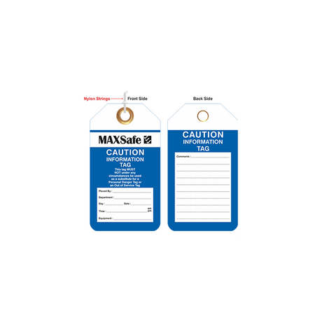 A stack of blue and white caution information tags with the Max-Safety brand, featuring a brass eyelet and a nylon tie string on the back.