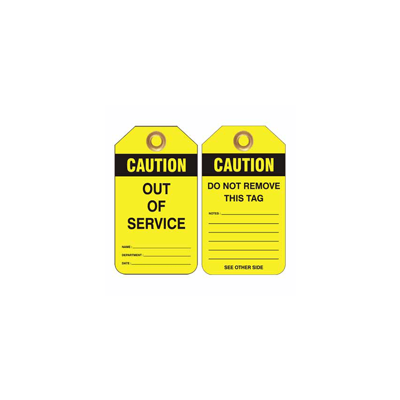 Two yellow caution out of service tags with black text and a brass eyelet hole at the top.