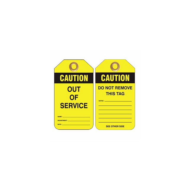 Two yellow caution out of service tags with black text and a brass eyelet hole at the top.