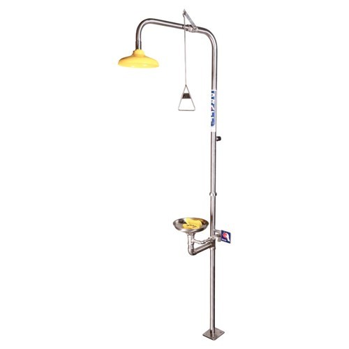 A combination shower unit with an eye and face wash feature, including a stainless steel shower head, eyewash bowl, and a hand-operated pull rod for the eye wash. The shower head is mounted higher than the bowl, which is at the bottom, and the unit is painted in a bright yellow with a stainless steel finish.