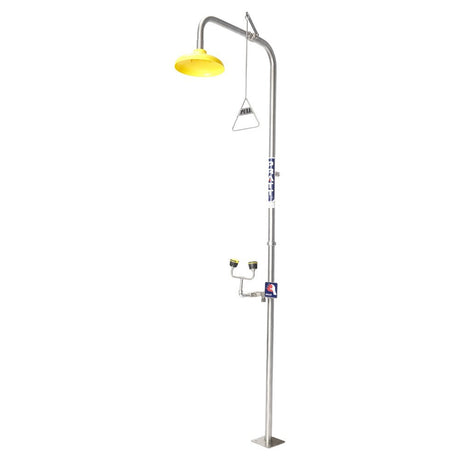 A combination shower head and eye wash station with a stainless steel finish and a yellow shower head.