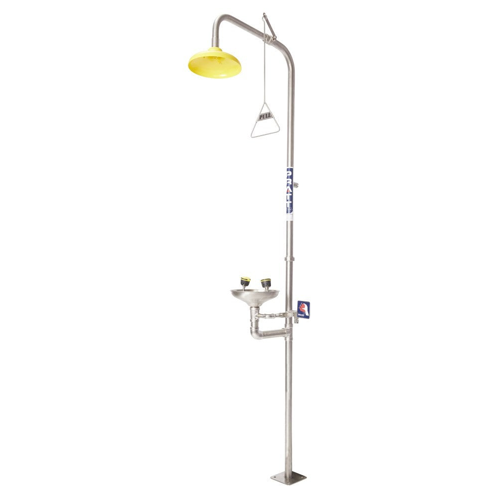 A combination shower with an eye wash and bowl, featuring a stainless steel construction with a yellow shower head, a black hand-operated pull rod, and a clear eye wash bowl.