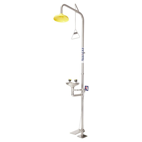 A combination shower with an eye wash station and a foot treadle, featuring a stainless steel construction with a yellow shower head and a bowl, mounted on a wall.