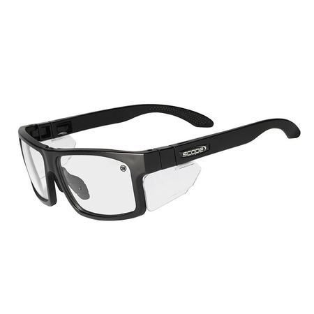 Protective eyewear with a black frame and clear lenses, featuring interchangeable temples and a rubber nose bridge.