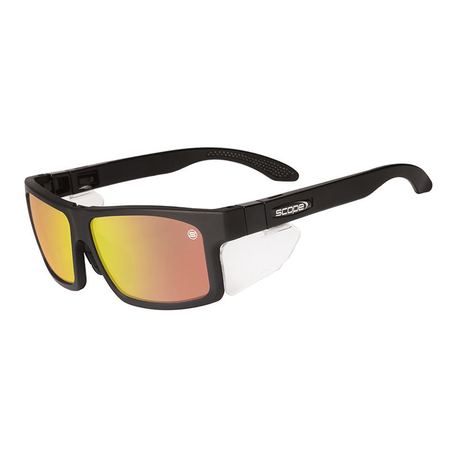 A pair of black frame sunglasses with red mirror lenses and interchangeable temples.