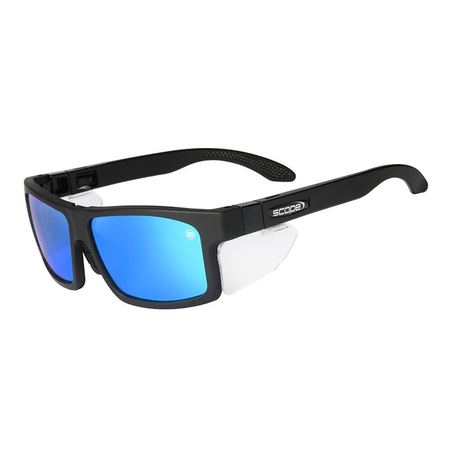 A pair of protective eyewear with a black frame and sky blue mirror lenses, featuring interchangeable temples.