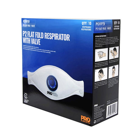 A box of 10 Dust Masks Flat Fold P2+Valve, with a picture showing the mask and the valve on the front.