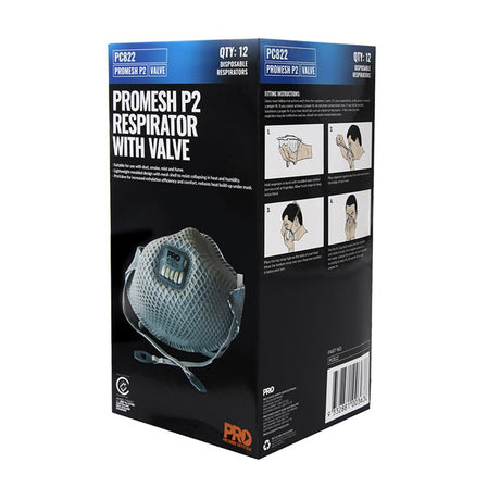 A box of Dust Masks Promesh P2+Valve, with a picture of the mask on the front, showing a gray mesh design and adjustable straps.