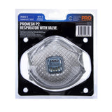 Dust Mask Promesh P2 with valve, packaged in a black and blue card board housing with product information labels.
