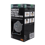 Packaging box for Dust Masks Promesh P2+Valve+Carbon with illustrations showing the mask's features and usage. The box is predominantly black and green with images of the mask and text descriptions.