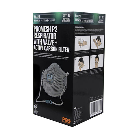 Packaging box for Dust Masks Promesh P2+Valve+Carbon with illustrations showing the mask's features and usage. The box is predominantly black and green with images of the mask and text descriptions.