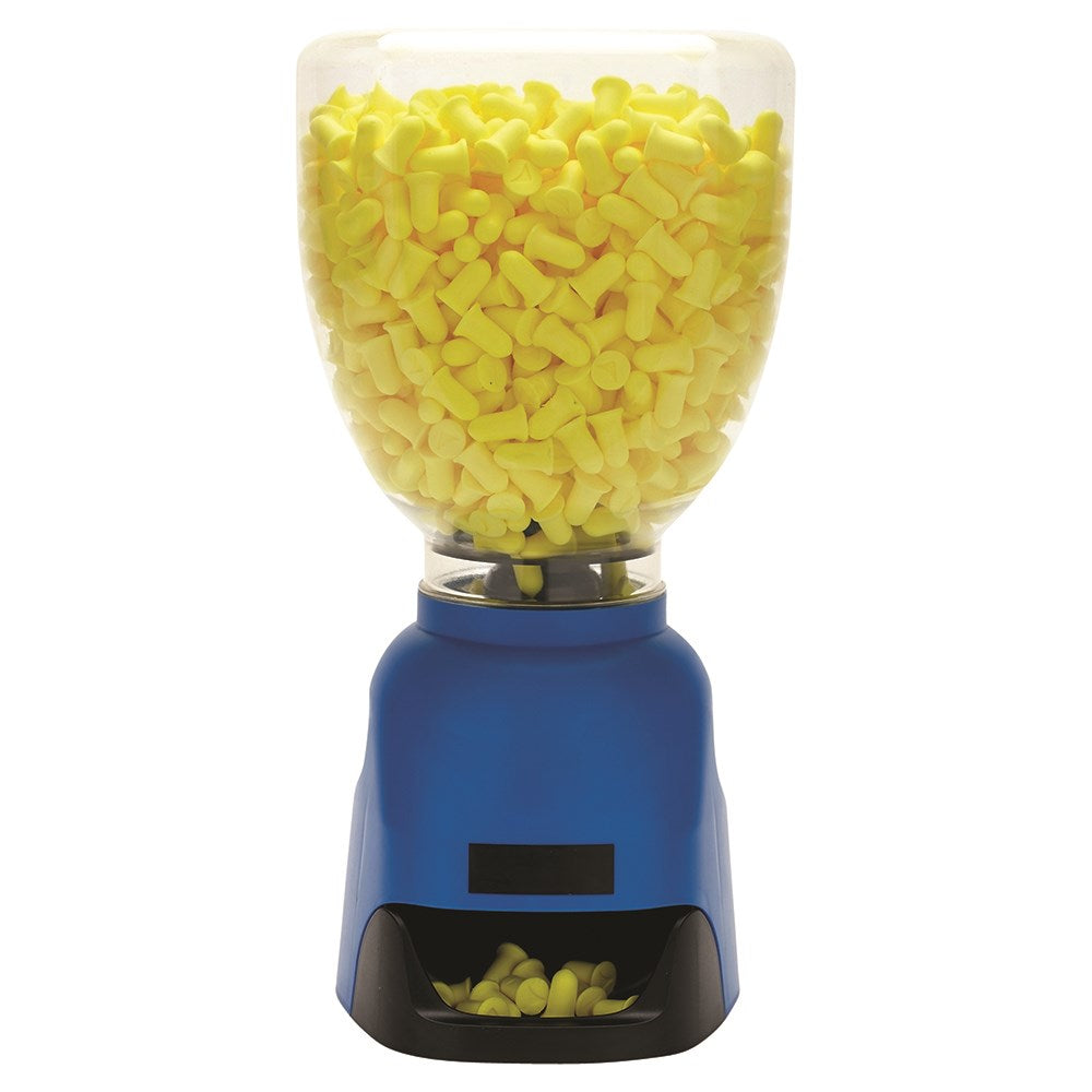A blue earplug dispenser filled with yellow earplugs, featuring a clear acrylic design for easy visibility.