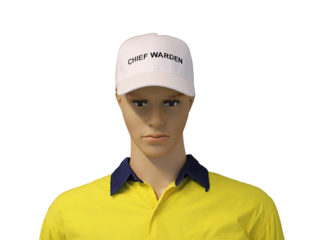 Mannequin wearing a yellow shirt with a navy collar and a white cap labeled 'Chief Warden' on a white background